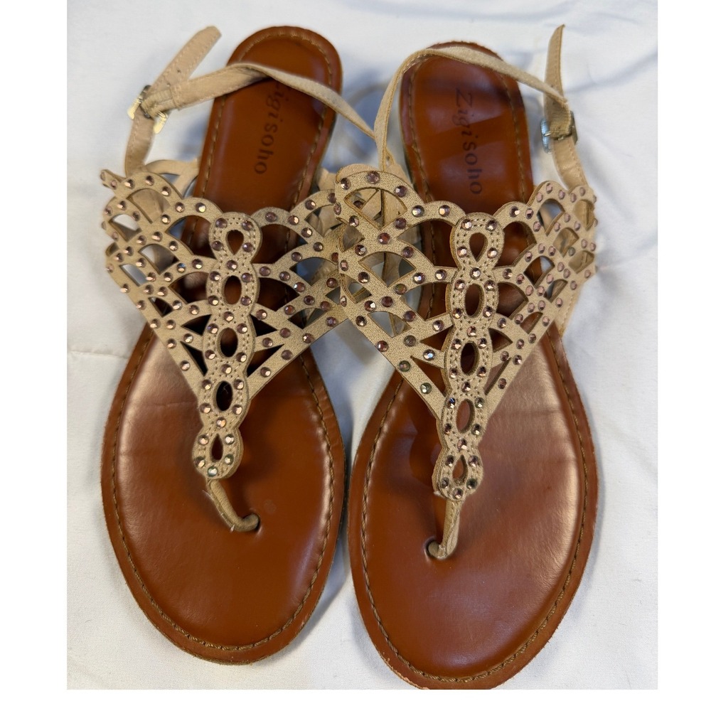 Zigisoho Women's Beige Embellished Thong Sandals Rhinestone Flat Size 8.5‎ Boho